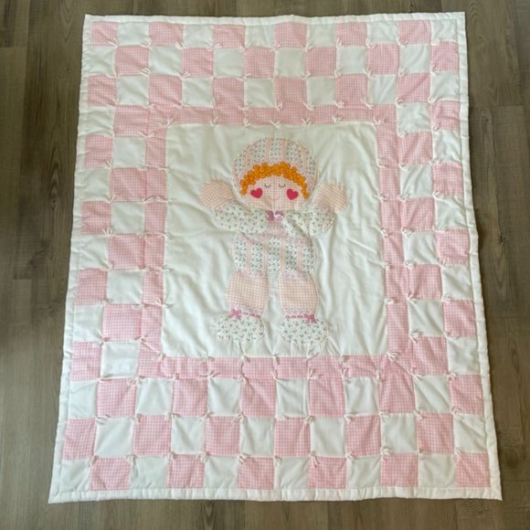 vintage '75 Pink and White Spring Mills Doll Quilt 41"x49" Gingham Floral - Picture 1 of 7